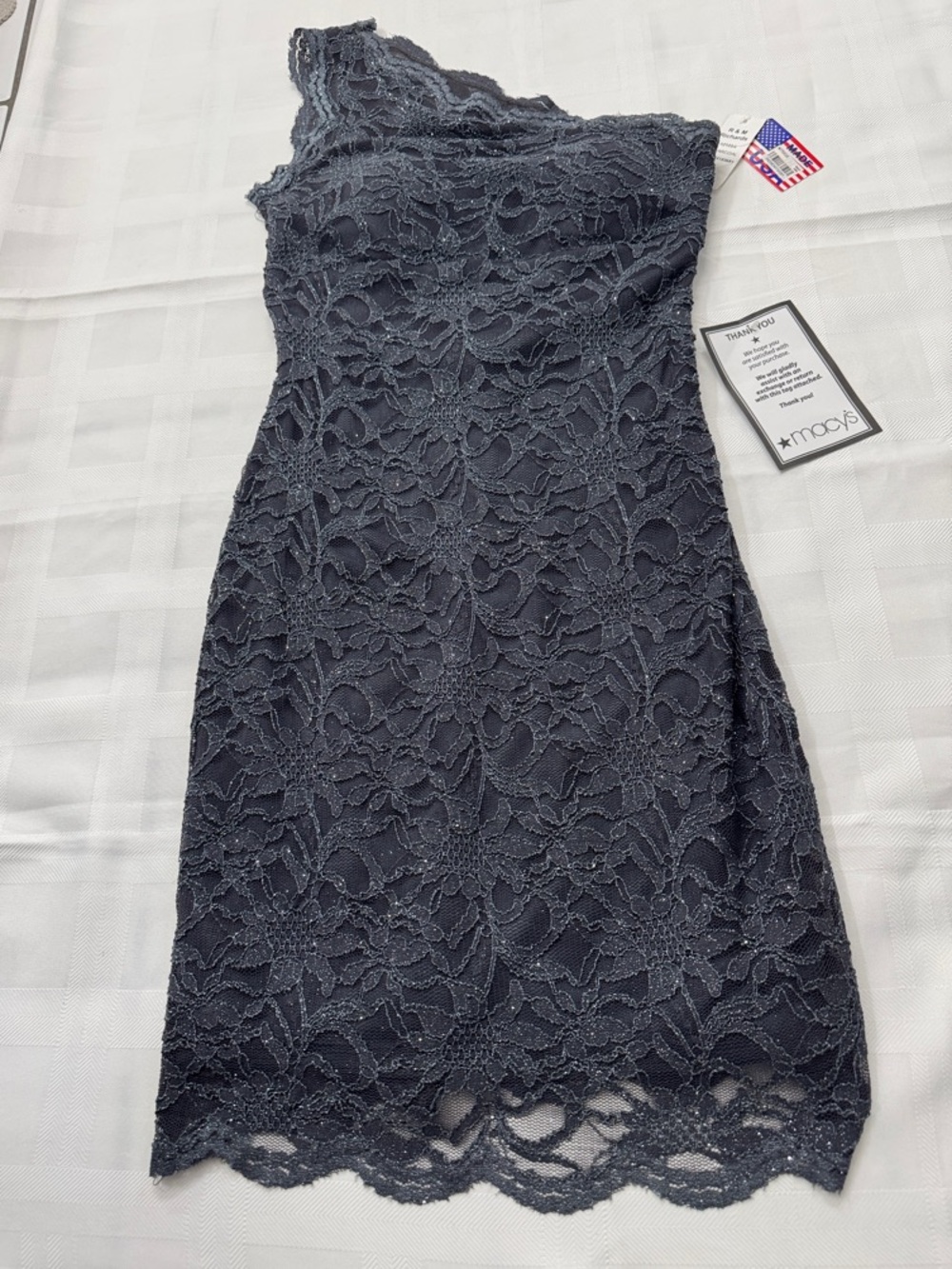 NWT Morgan & Co One-Shoulder Lace Cocktail Dress charcoal w Shimmer
